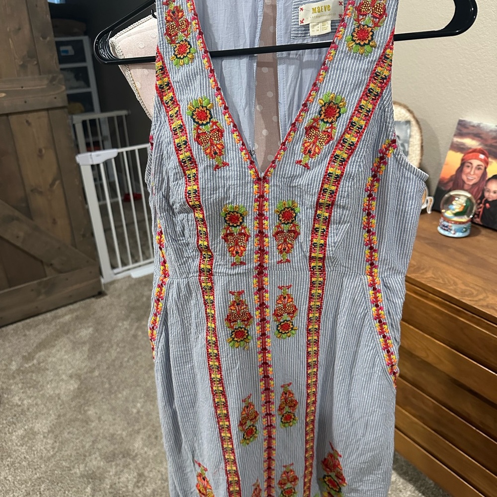 Anthropologie Blue and Red Embroidered Midi Dress